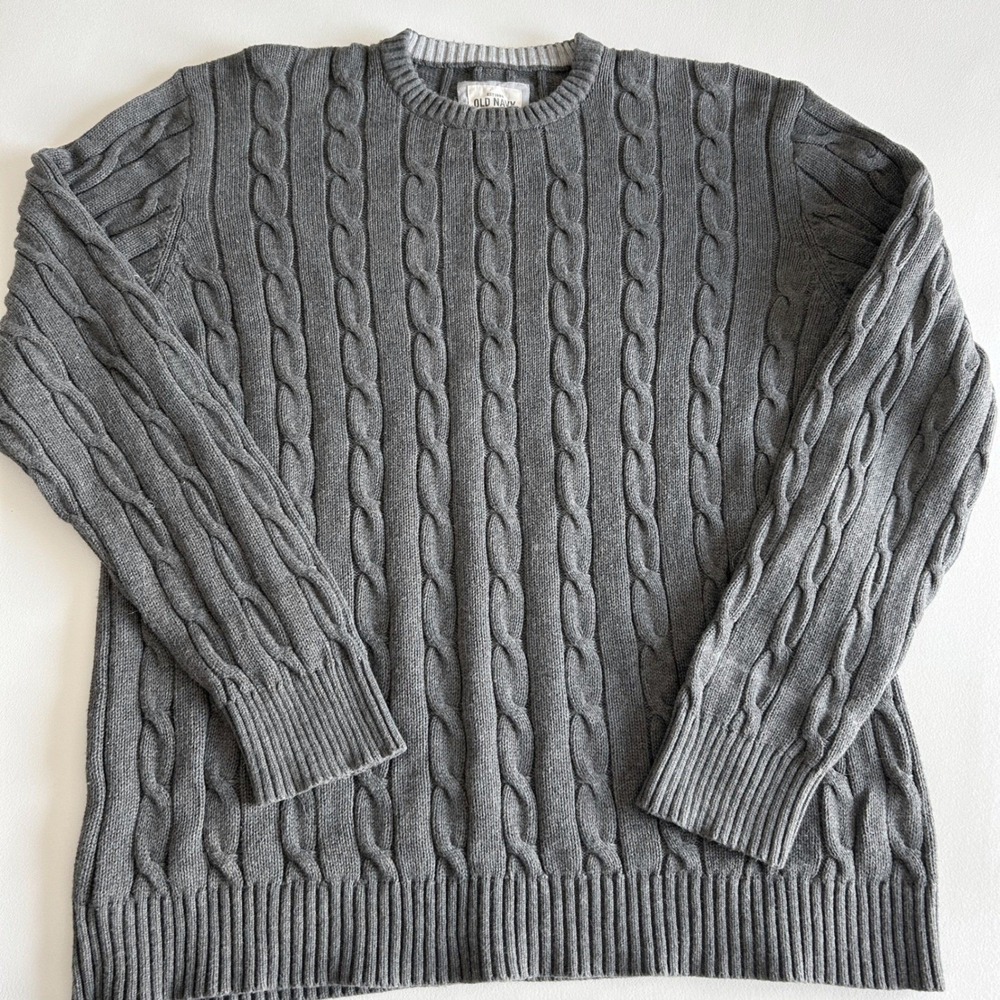 Old Navy Mens XL‎ Charcoal Grey Cable Knit 100% Cotton Sweater Preppy